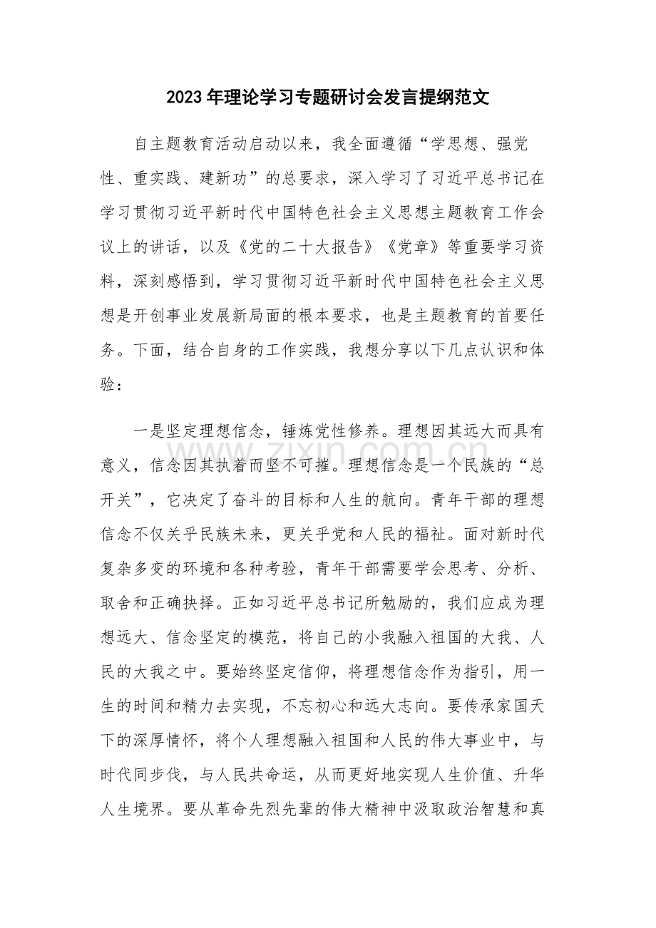 2023年理论学习专题研讨会发言提纲范文.docx_第1页