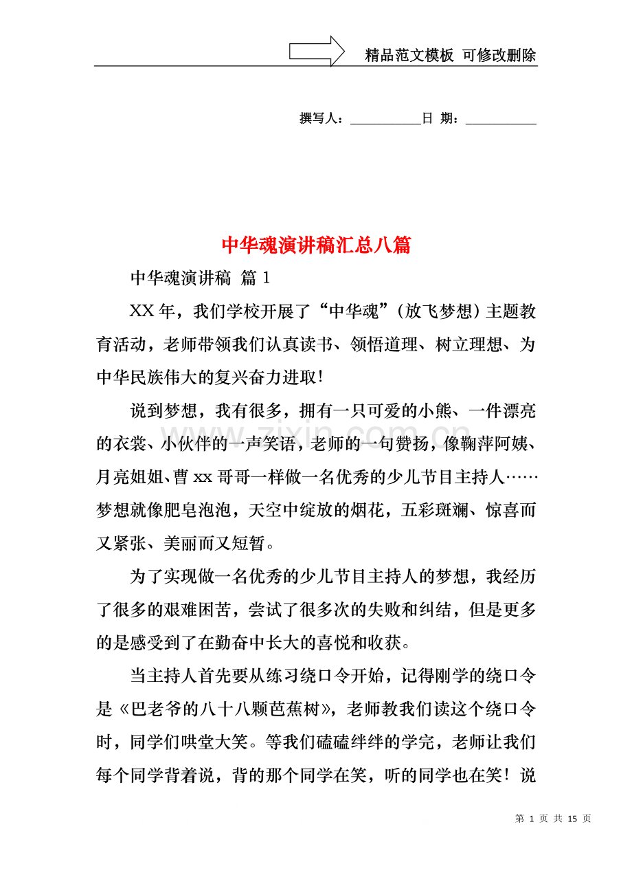 中华魂演讲稿汇总八篇.docx_第1页