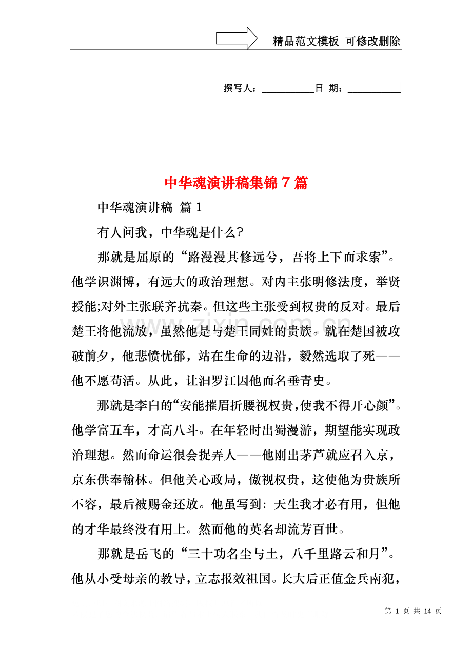 中华魂演讲稿集锦7篇.docx_第1页