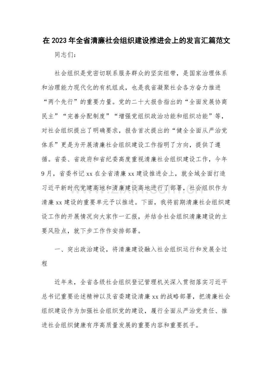 在2023年全省清廉社会组织建设推进会上的发言汇篇范文.docx_第1页