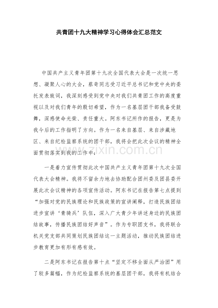 共青团十九大精神学习心得体会汇总范文.docx_第1页