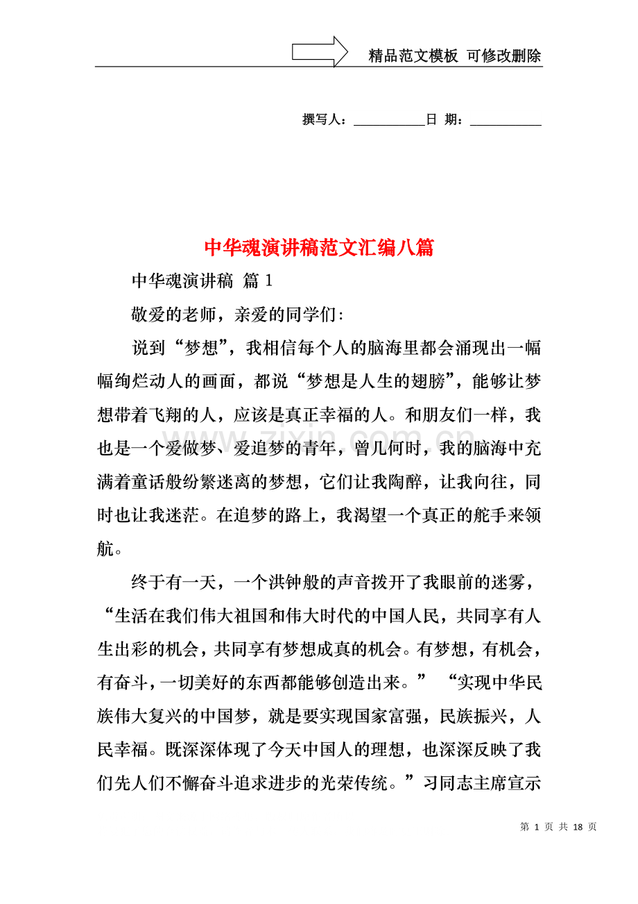 中华魂演讲稿范文汇编八篇1.docx_第1页