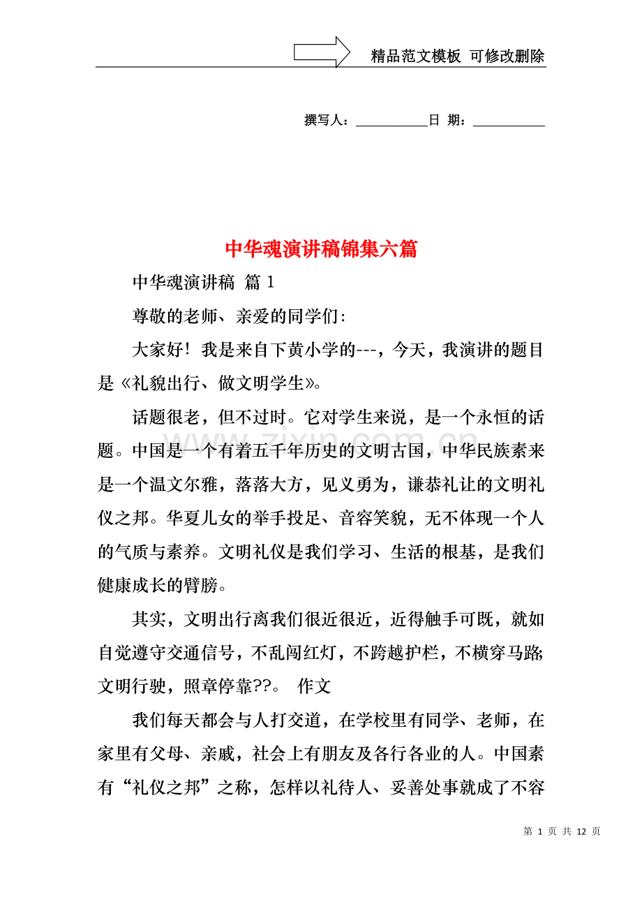 中华魂演讲稿锦集六篇1.docx_第1页