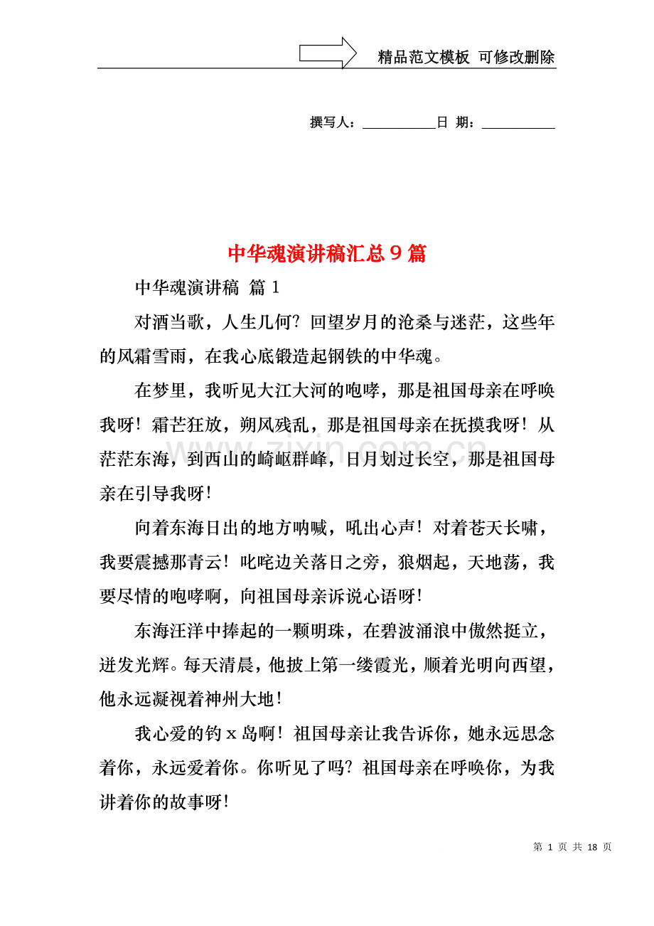 中华魂演讲稿汇总9篇.docx_第1页