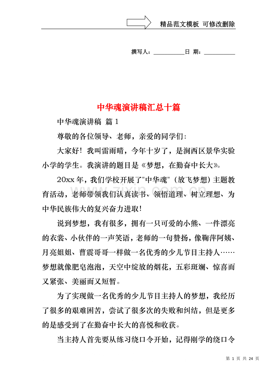 中华魂演讲稿汇总十篇.docx_第1页