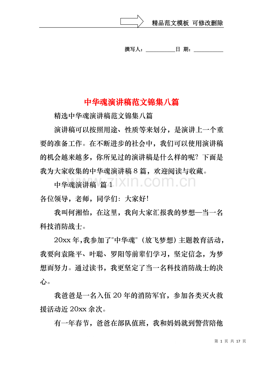 中华魂演讲稿范文锦集八篇.docx_第1页