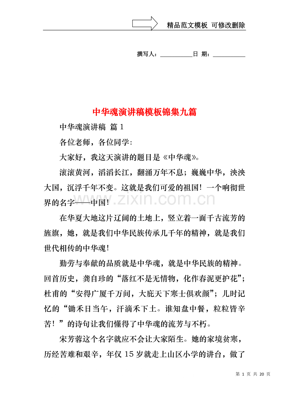 中华魂演讲稿模板锦集九篇1.docx_第1页