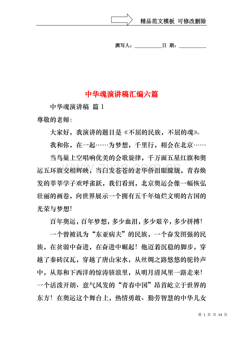 中华魂演讲稿汇编六篇.docx_第1页