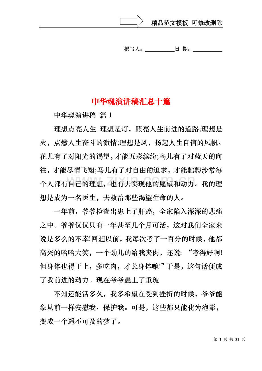 中华魂演讲稿汇总十篇1.docx_第1页