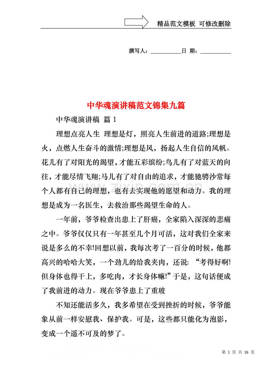 中华魂演讲稿范文锦集九篇1.docx_第1页