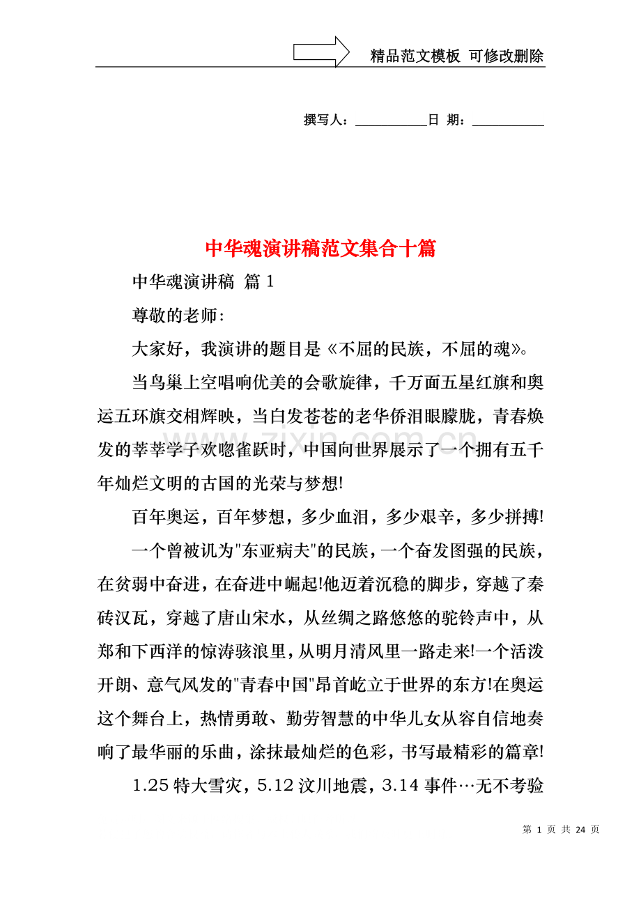 中华魂演讲稿范文集合十篇1.docx_第1页