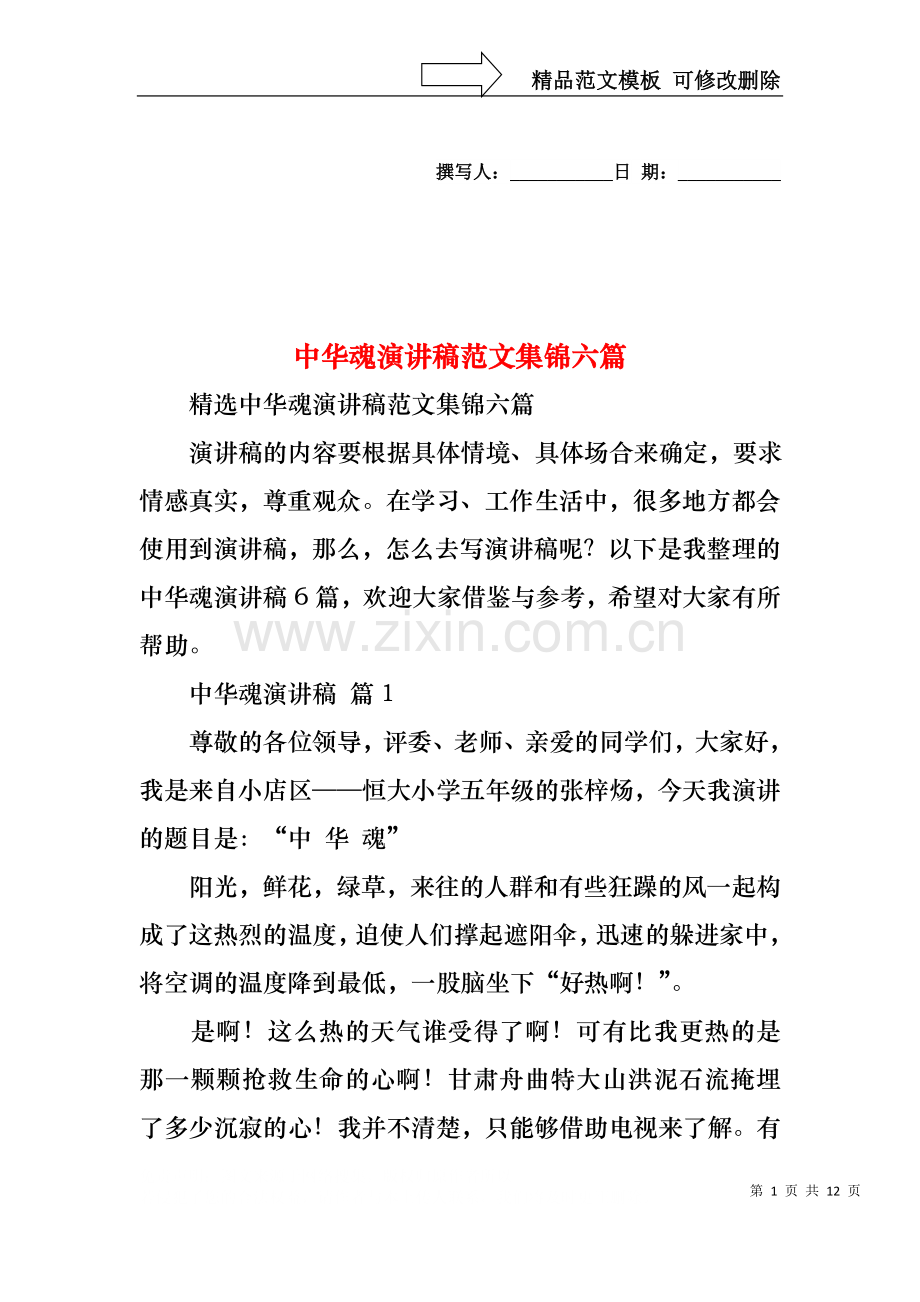 中华魂演讲稿范文集锦六篇.docx_第1页