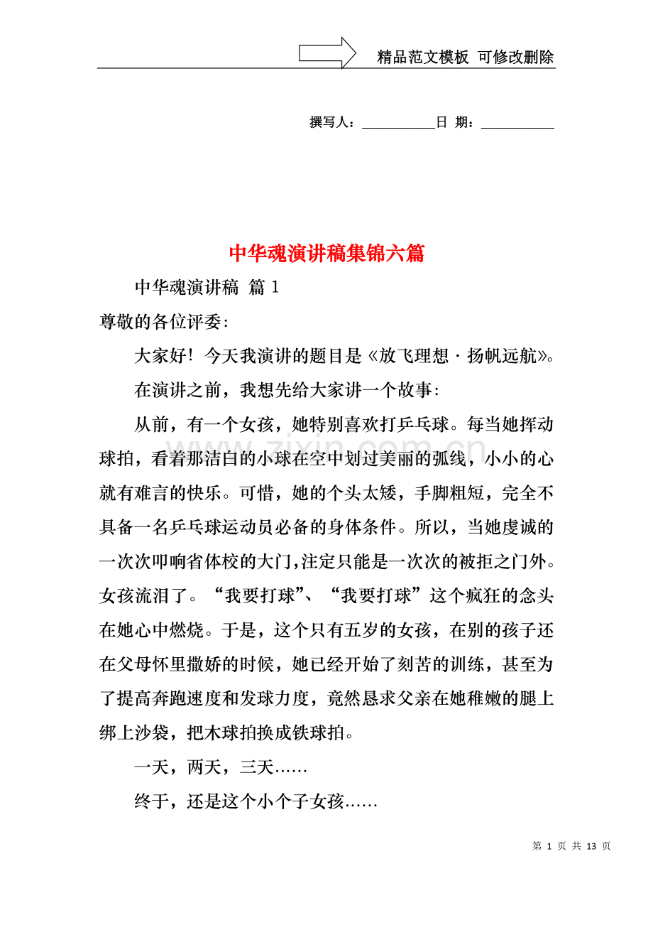 中华魂演讲稿集锦六篇1.docx_第1页