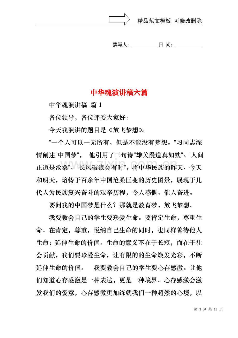 中华魂演讲稿六篇.docx_第1页