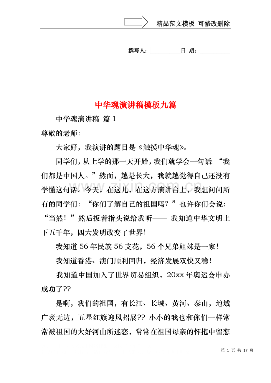 中华魂演讲稿模板九篇.docx_第1页