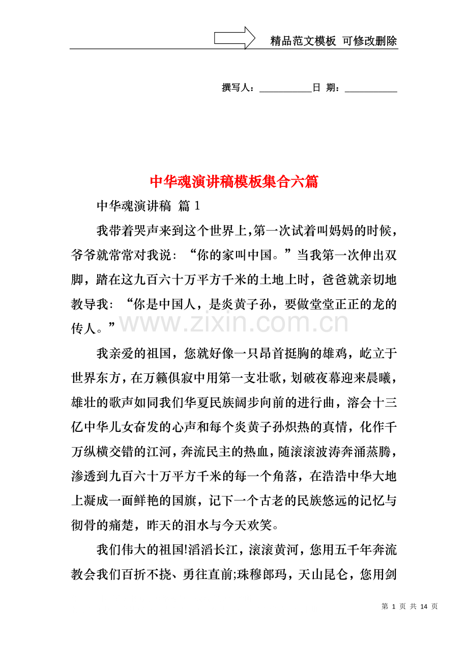 中华魂演讲稿模板集合六篇1.docx_第1页