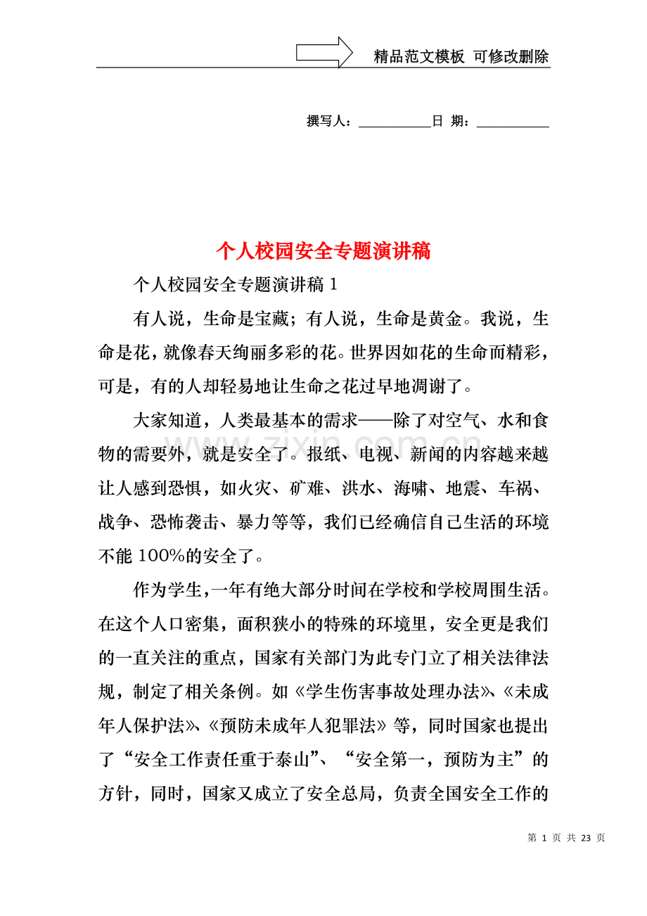 个人校园安全专题演讲稿.docx_第1页