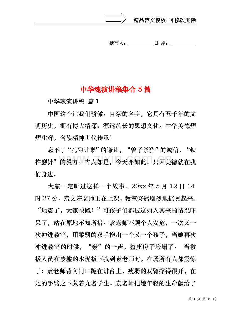 中华魂演讲稿集合5篇.docx_第1页