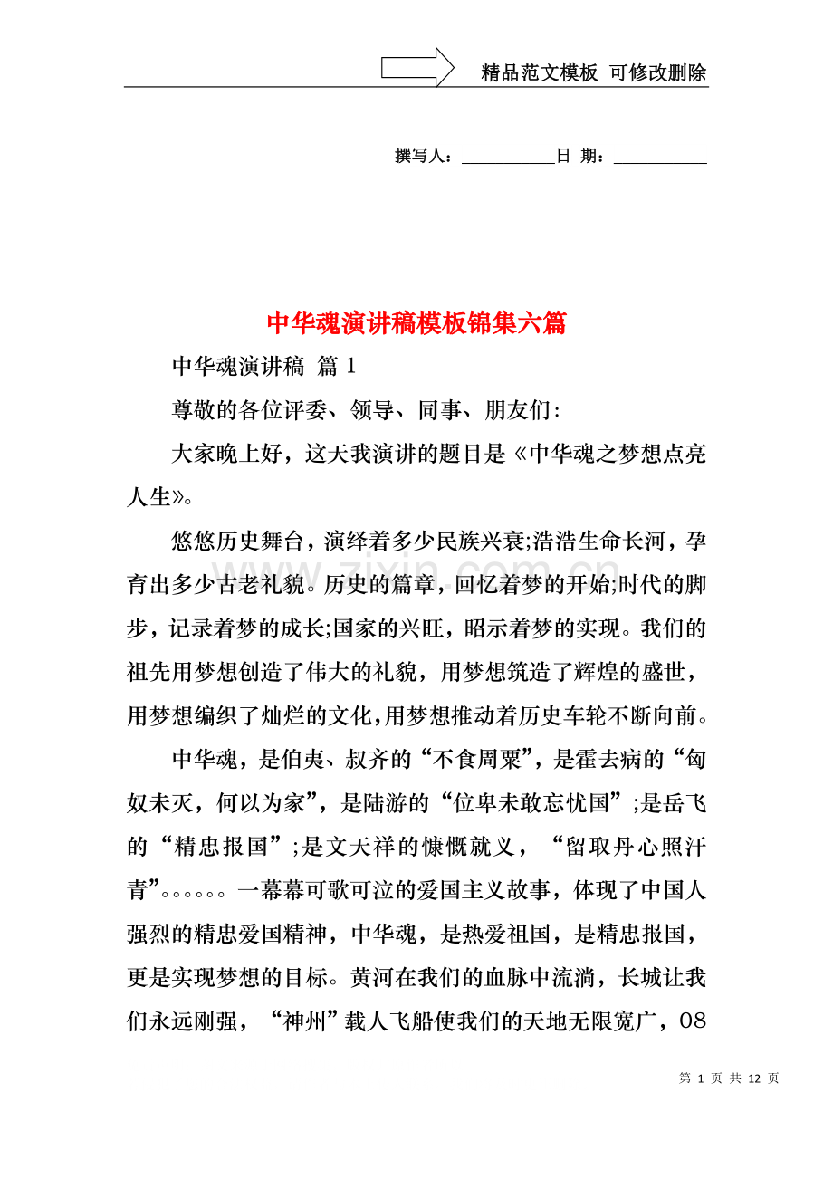 中华魂演讲稿模板锦集六篇.docx_第1页