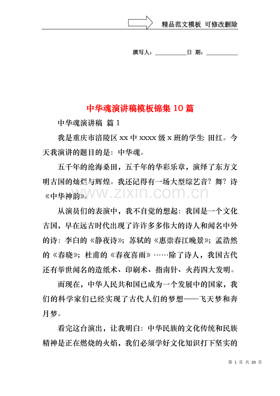 中华魂演讲稿模板锦集10篇1.docx_第1页