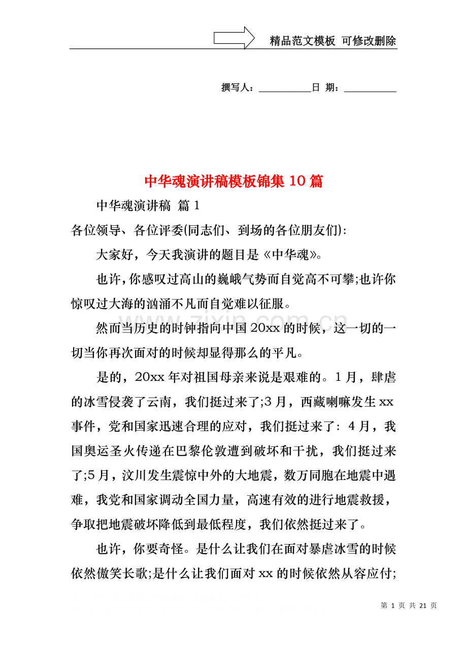 中华魂演讲稿模板锦集10篇.docx_第1页