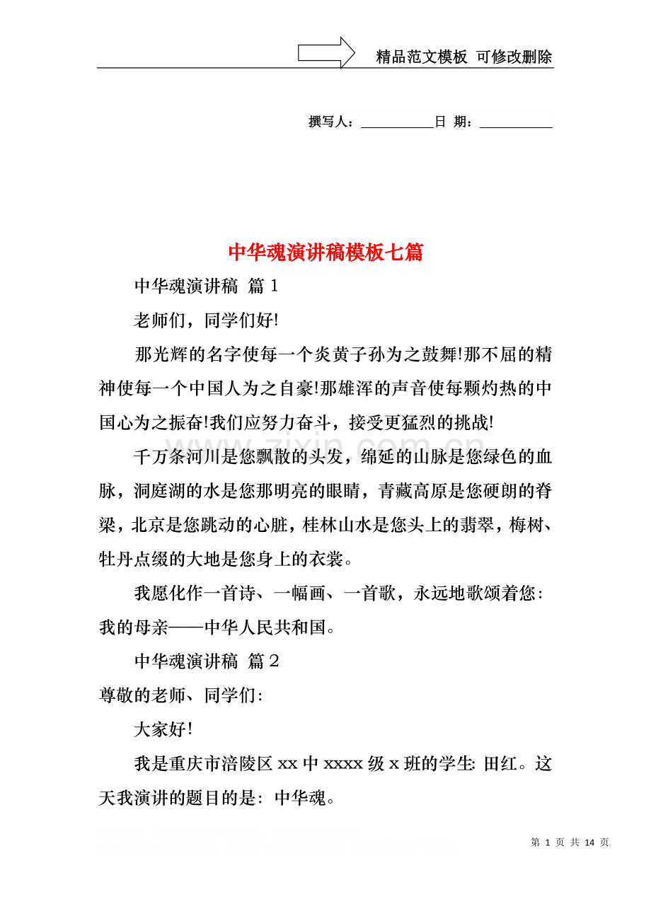 中华魂演讲稿模板七篇1.docx_第1页