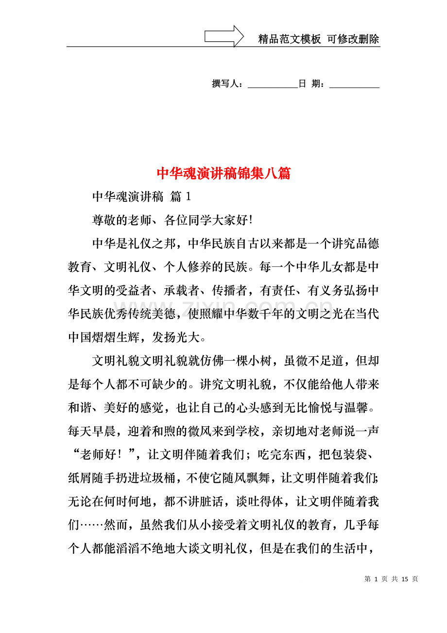 中华魂演讲稿锦集八篇.docx_第1页