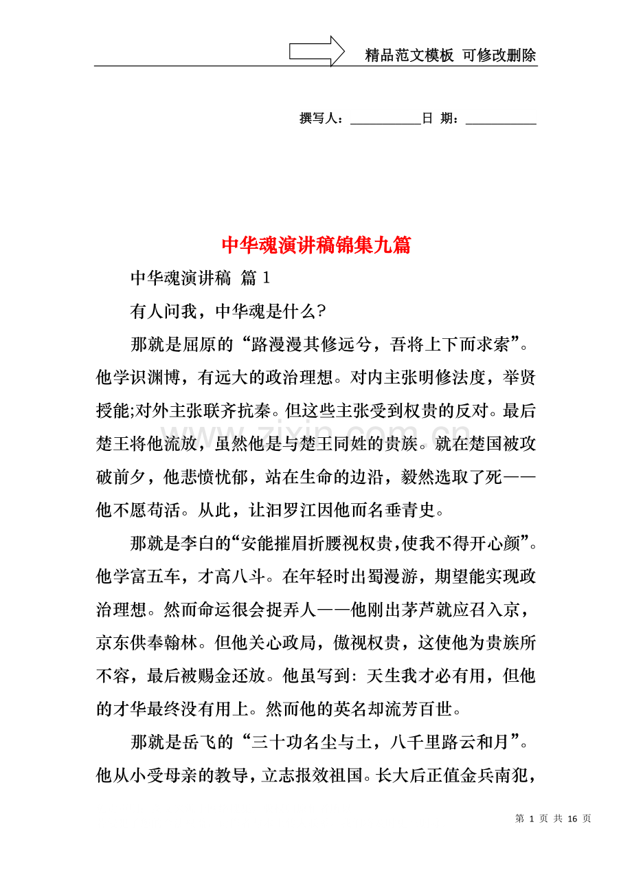 中华魂演讲稿锦集九篇1.docx_第1页