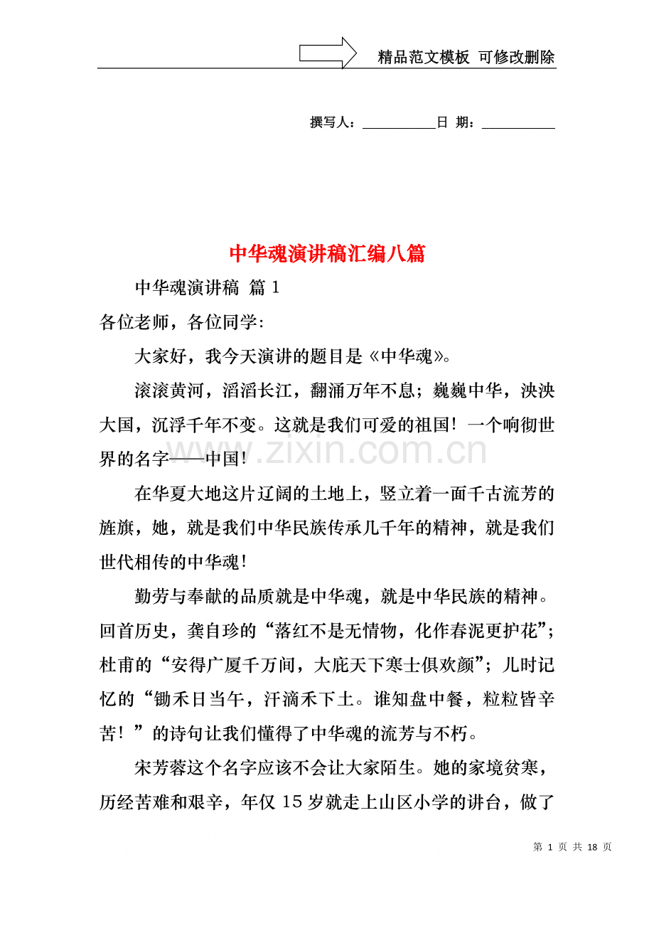 中华魂演讲稿汇编八篇1.docx_第1页