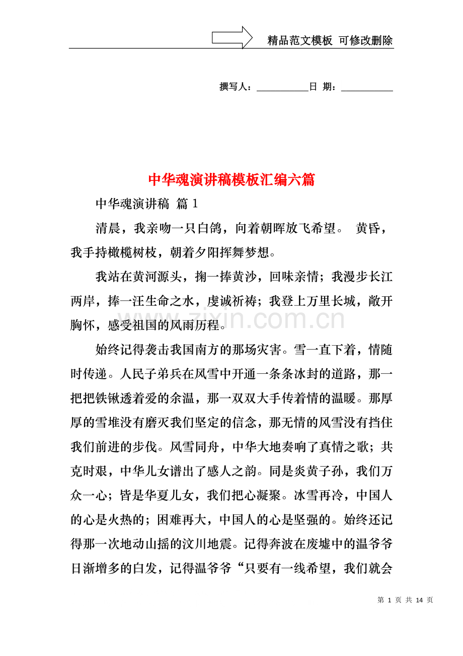 中华魂演讲稿模板汇编六篇.docx_第1页