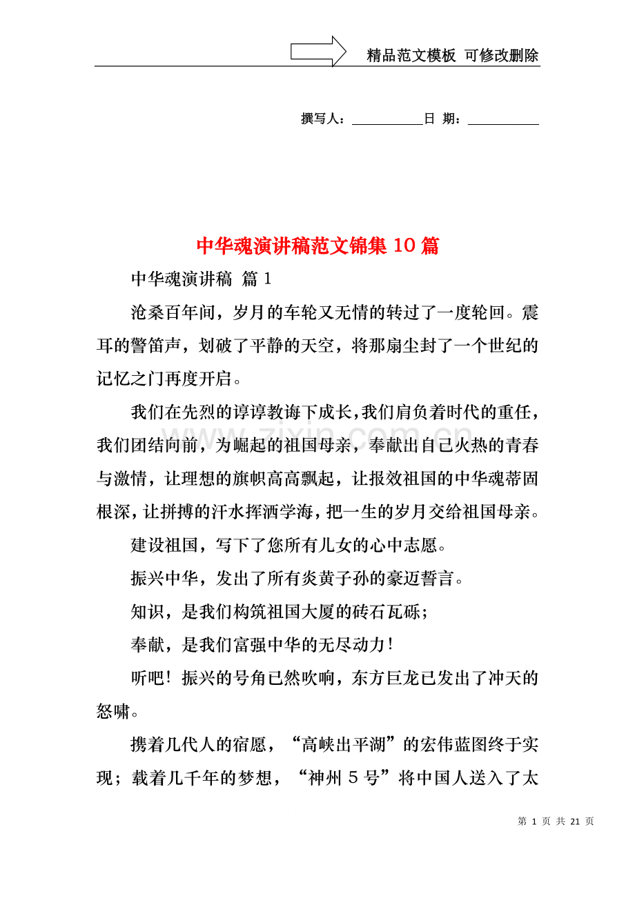 中华魂演讲稿范文锦集10篇.docx_第1页