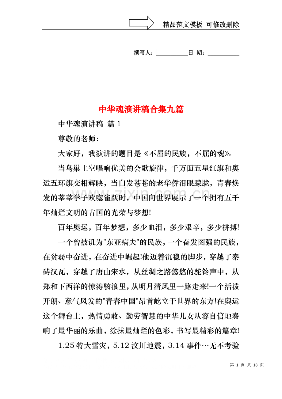 中华魂演讲稿合集九篇.docx_第1页