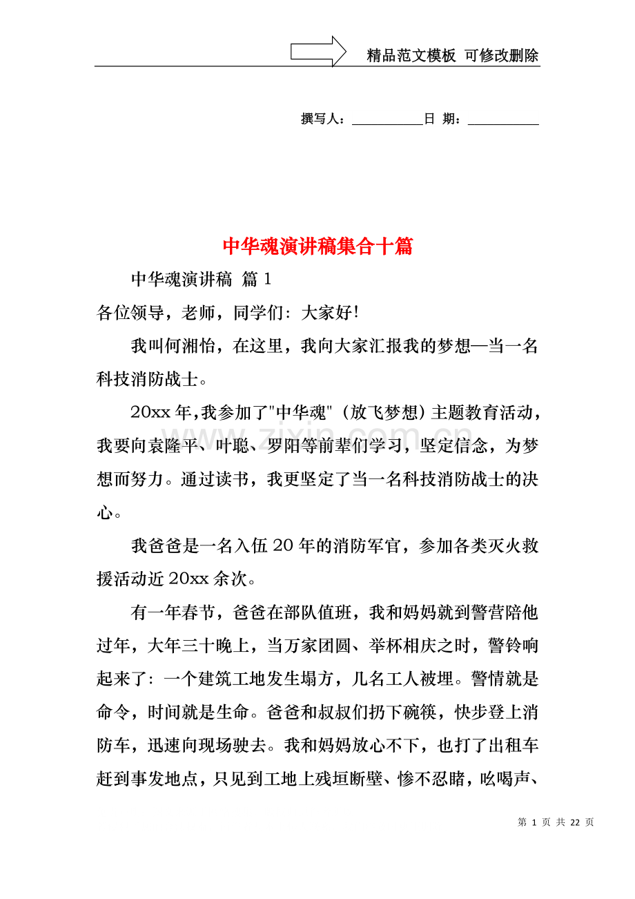 中华魂演讲稿集合十篇.docx_第1页