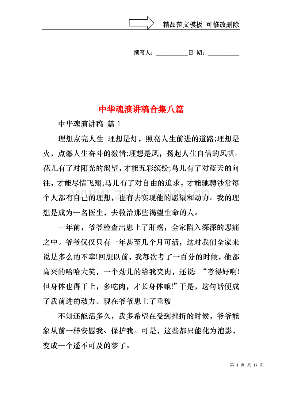 中华魂演讲稿合集八篇1.docx_第1页