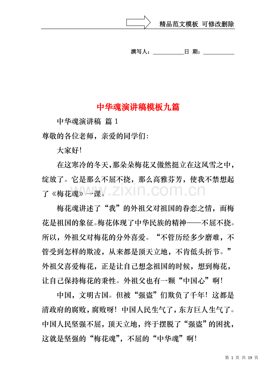 中华魂演讲稿模板九篇1.docx_第1页