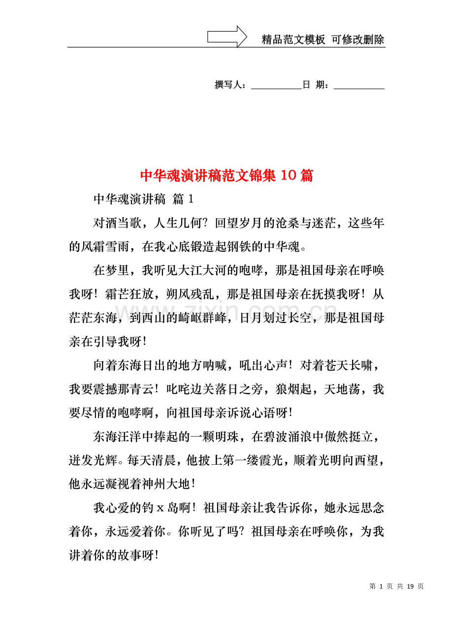 中华魂演讲稿范文锦集10篇1.docx_第1页