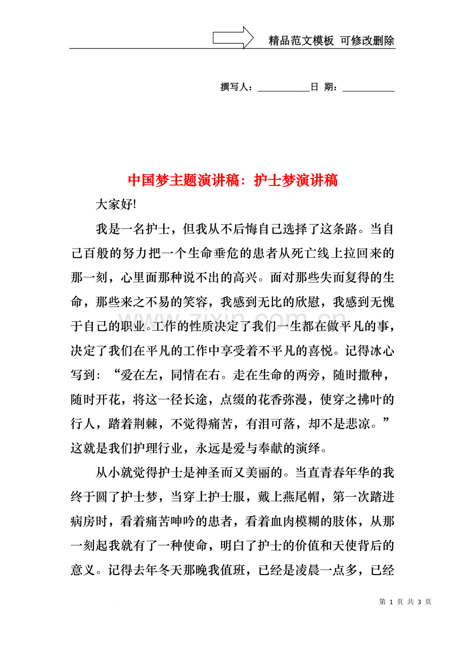 中国梦主题演讲稿：护士梦演讲稿.docx_第1页