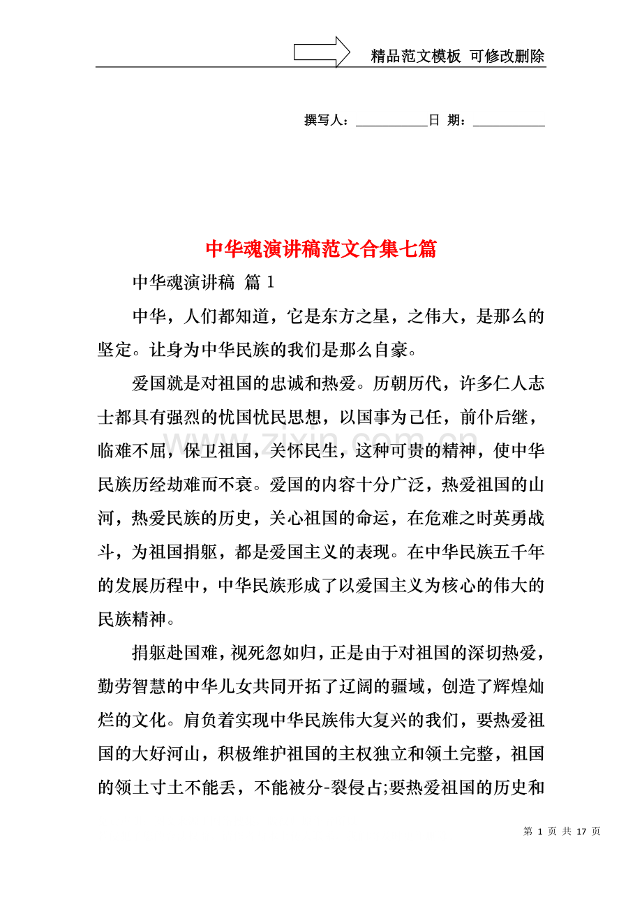 中华魂演讲稿范文合集七篇.docx_第1页