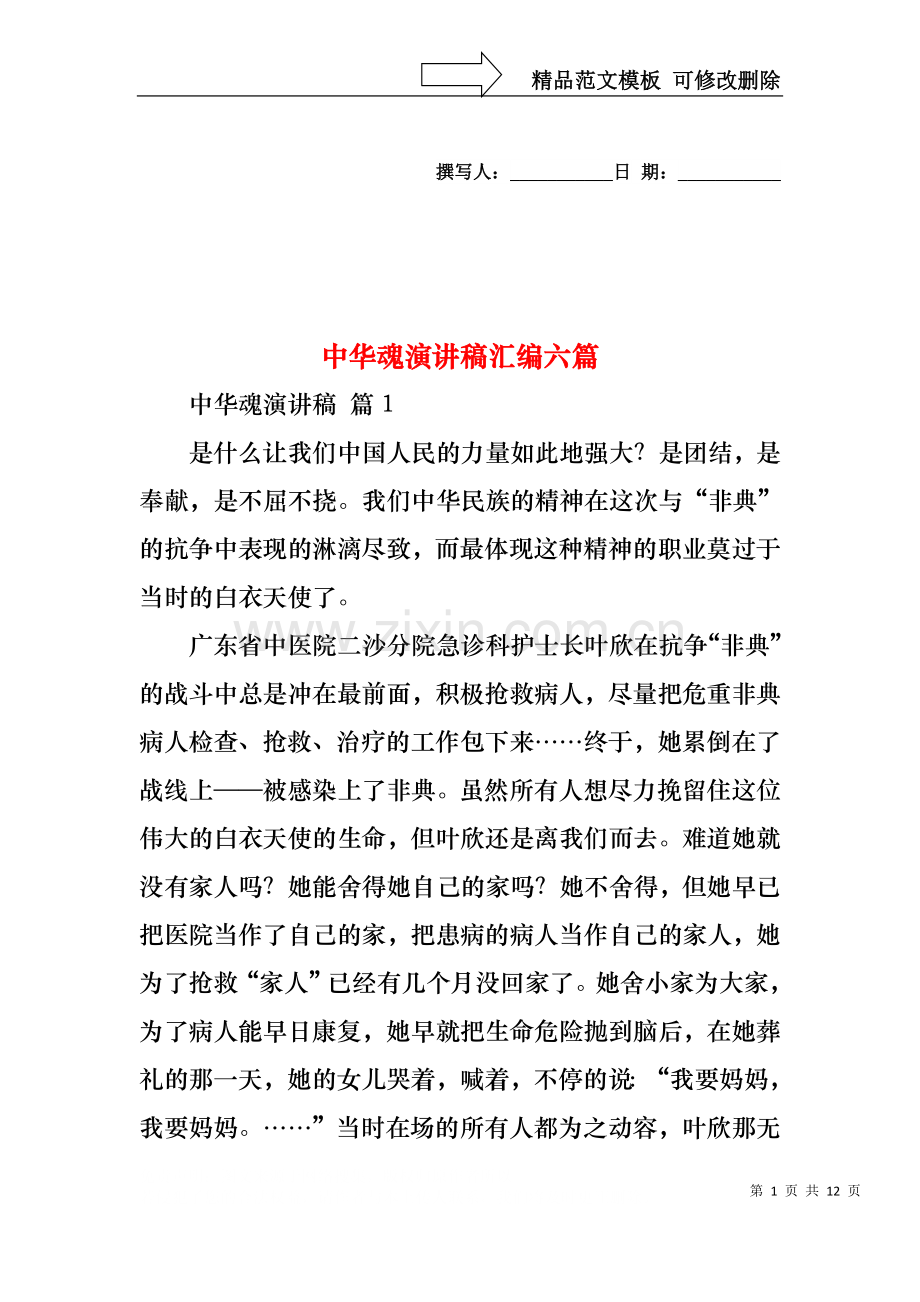 中华魂演讲稿汇编六篇1.docx_第1页