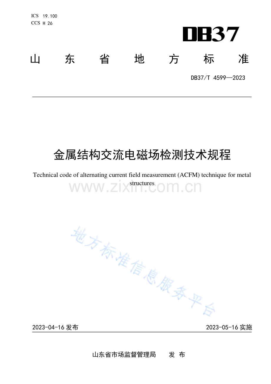 DB37_T 4599—2023金属结构交流电磁场检测技术规程-(高清正版）.pdf_第1页