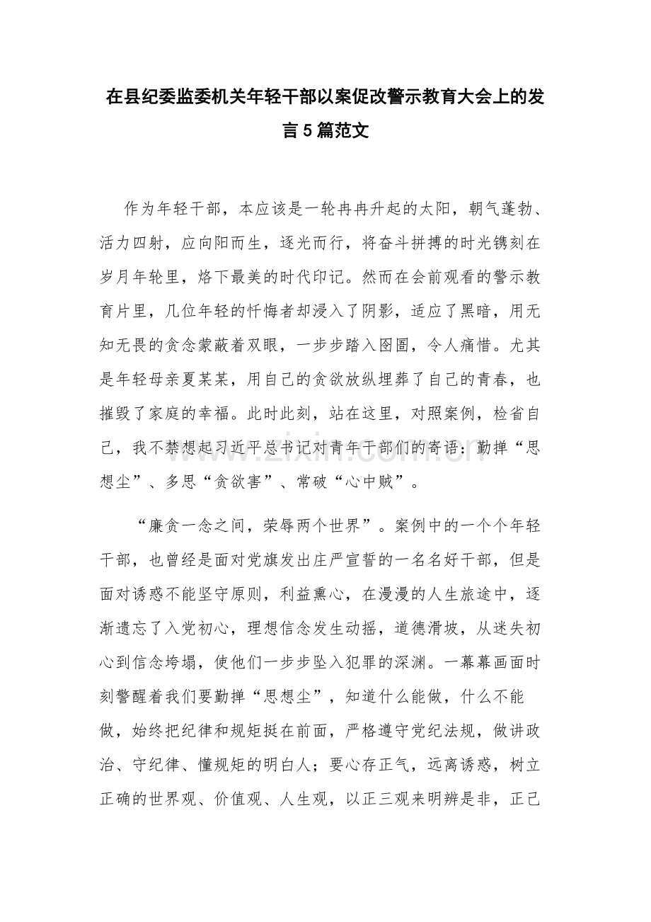 在县纪委监委机关年轻干部以案促改警示教育大会上的发言5篇范文.docx_第1页