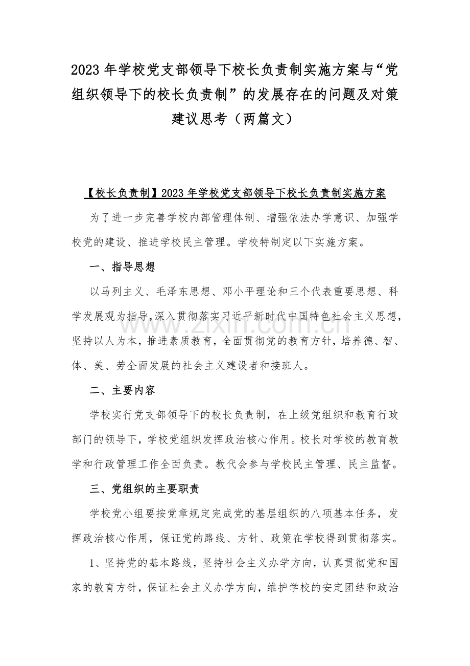 2023年学校党支部领导下校长负责制实施方案与“党组织领导下的校长负责制”的发展存在的问题及对策建议思考（两篇文）.docx_第1页