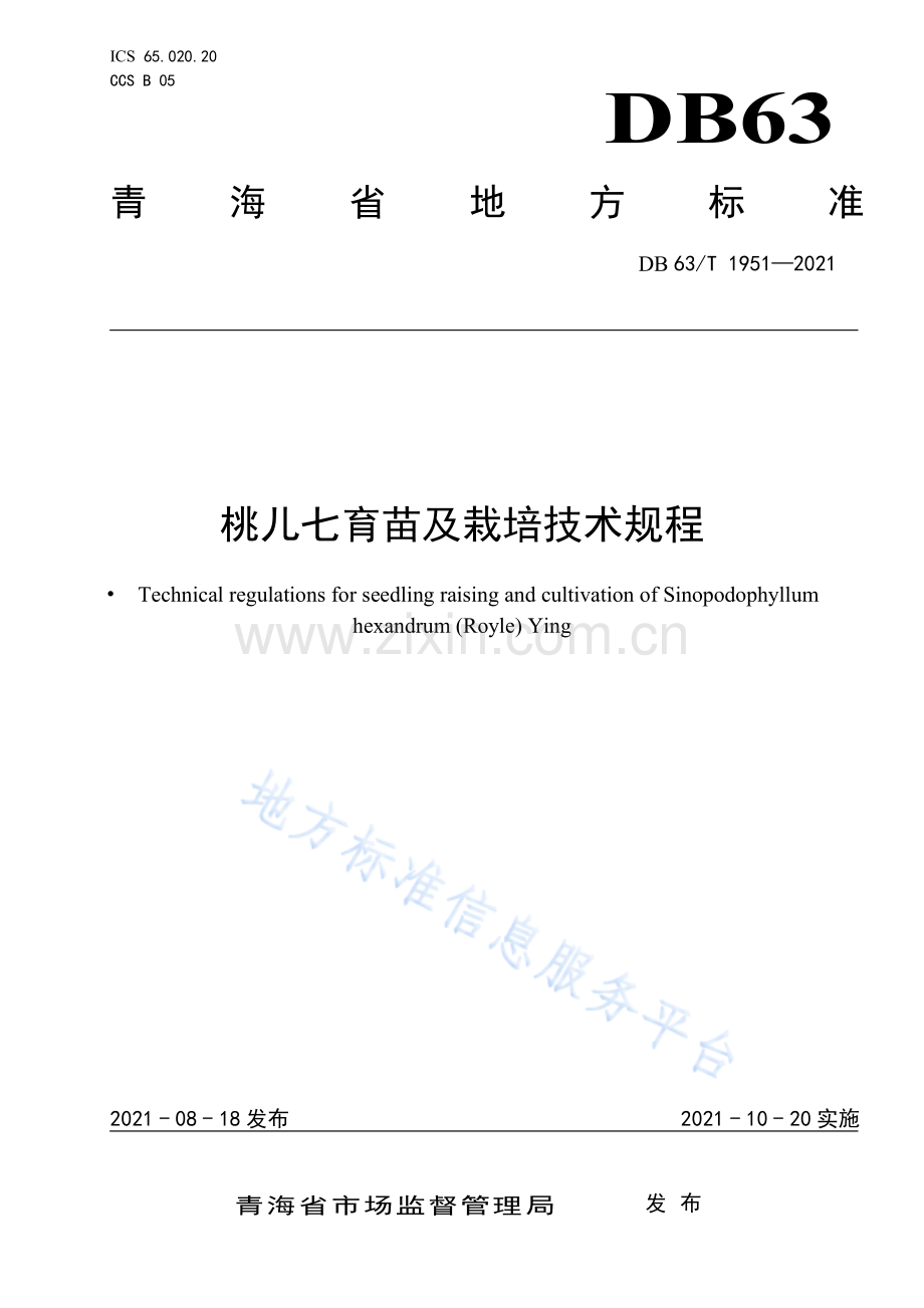 （高清正版）DB63_T 1951-2021桃儿七育苗及栽培技术规程.pdf_第1页