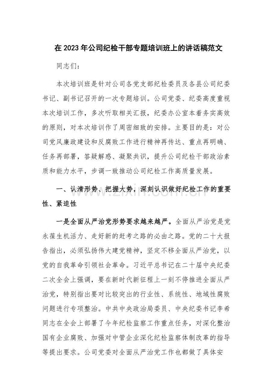 在2023年公司纪检干部专题培训班上的讲话稿范文.docx_第1页