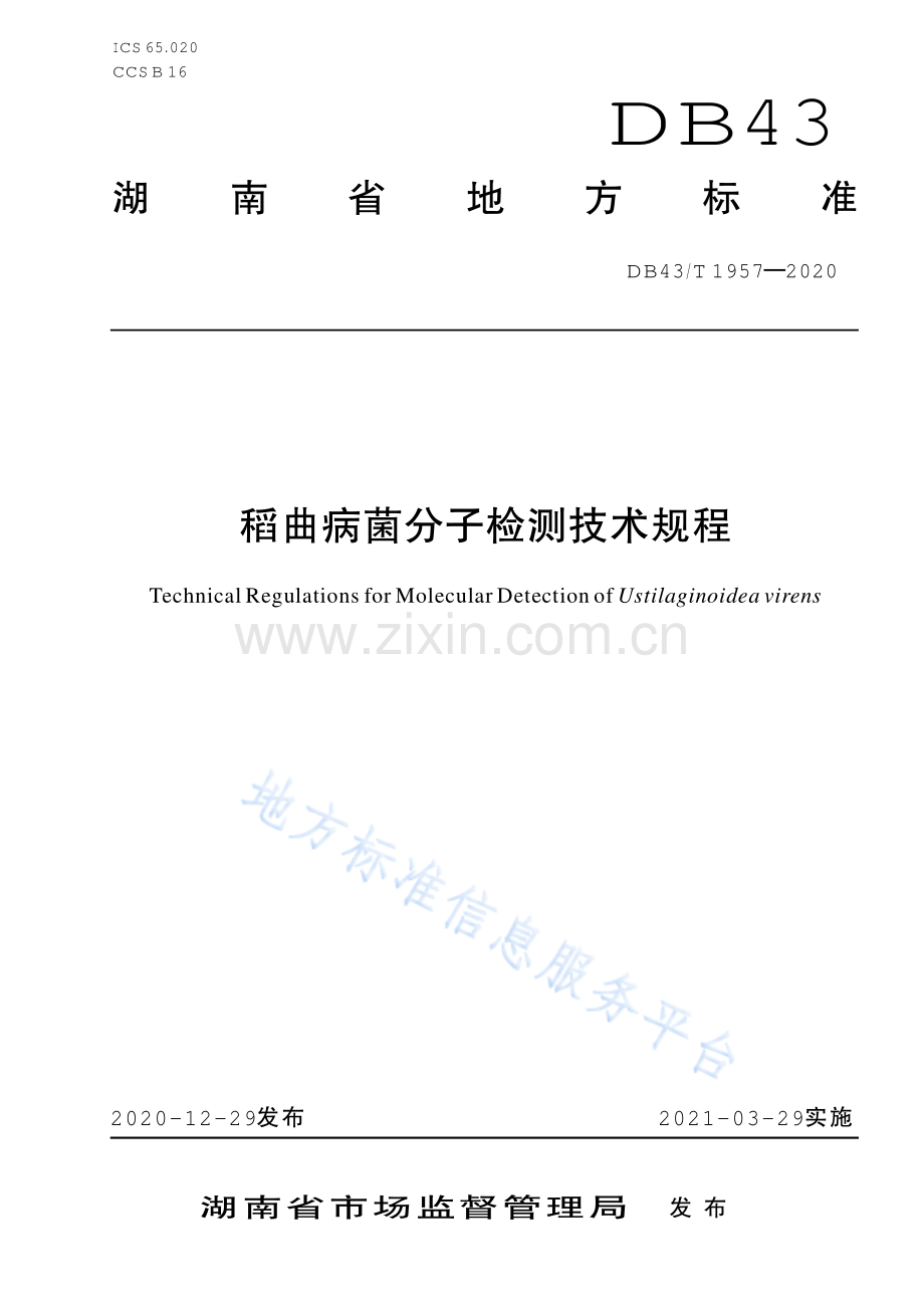 (高清正版）DB43_T 1957-2020稻曲病菌分子检测技术规程.pdf_第1页