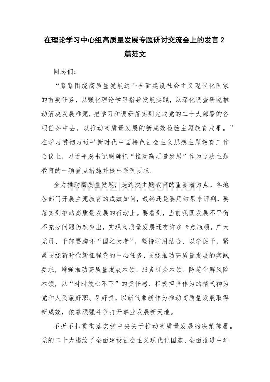 在理论学习中心组高质量发展专题研讨交流会上的发言2篇范文.docx_第1页