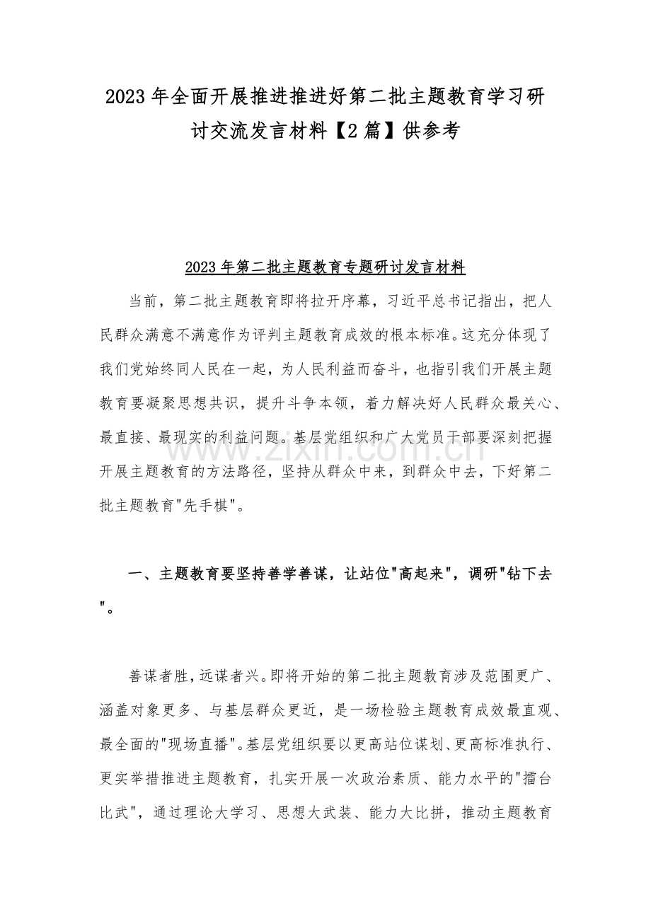 2023年全面开展推进推进好第二批主题教育学习研讨交流发言材料【2篇】供参考.docx_第1页