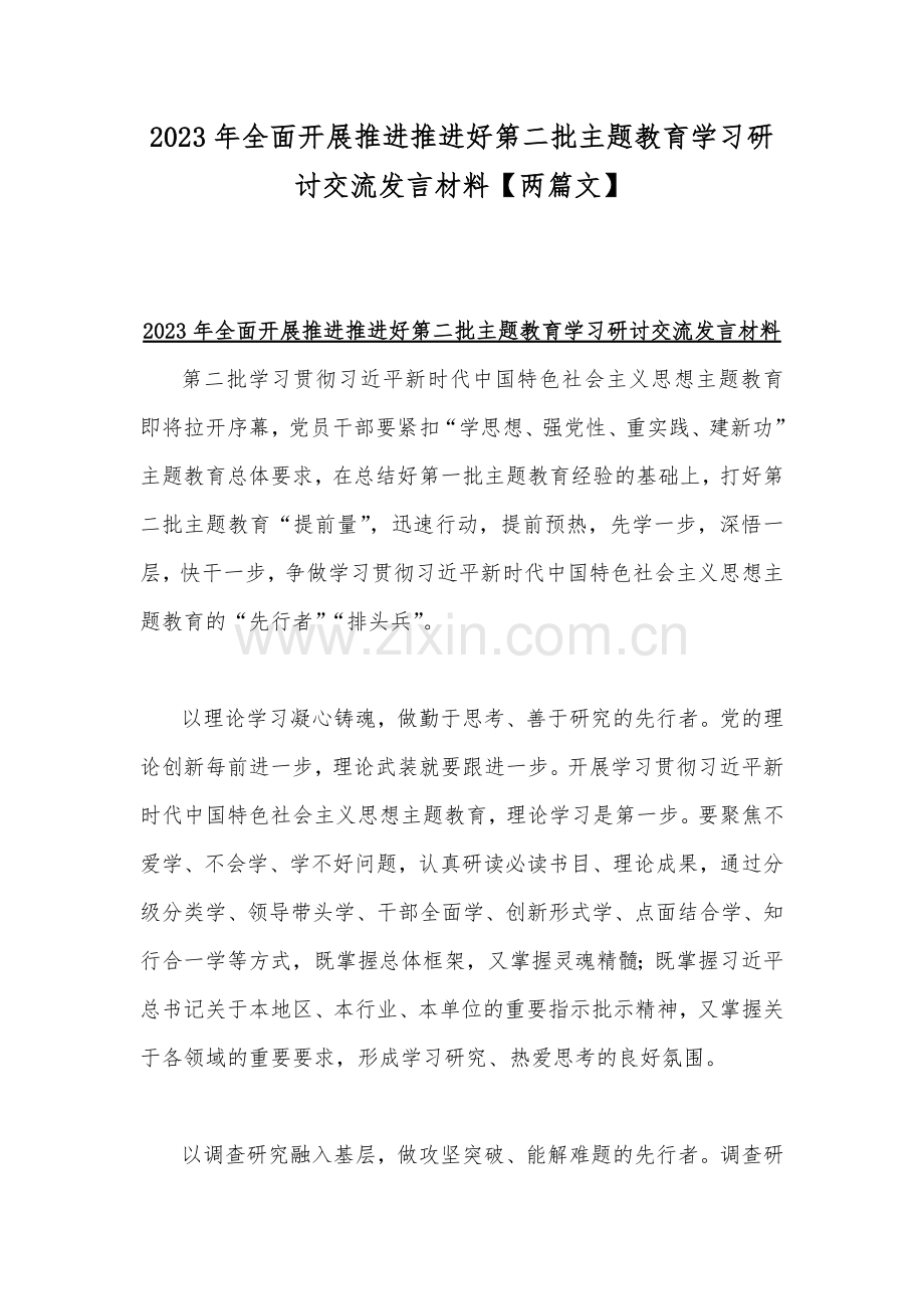 2023年全面开展推进推进好第二批主题教育学习研讨交流发言材料【两篇文】.docx_第1页