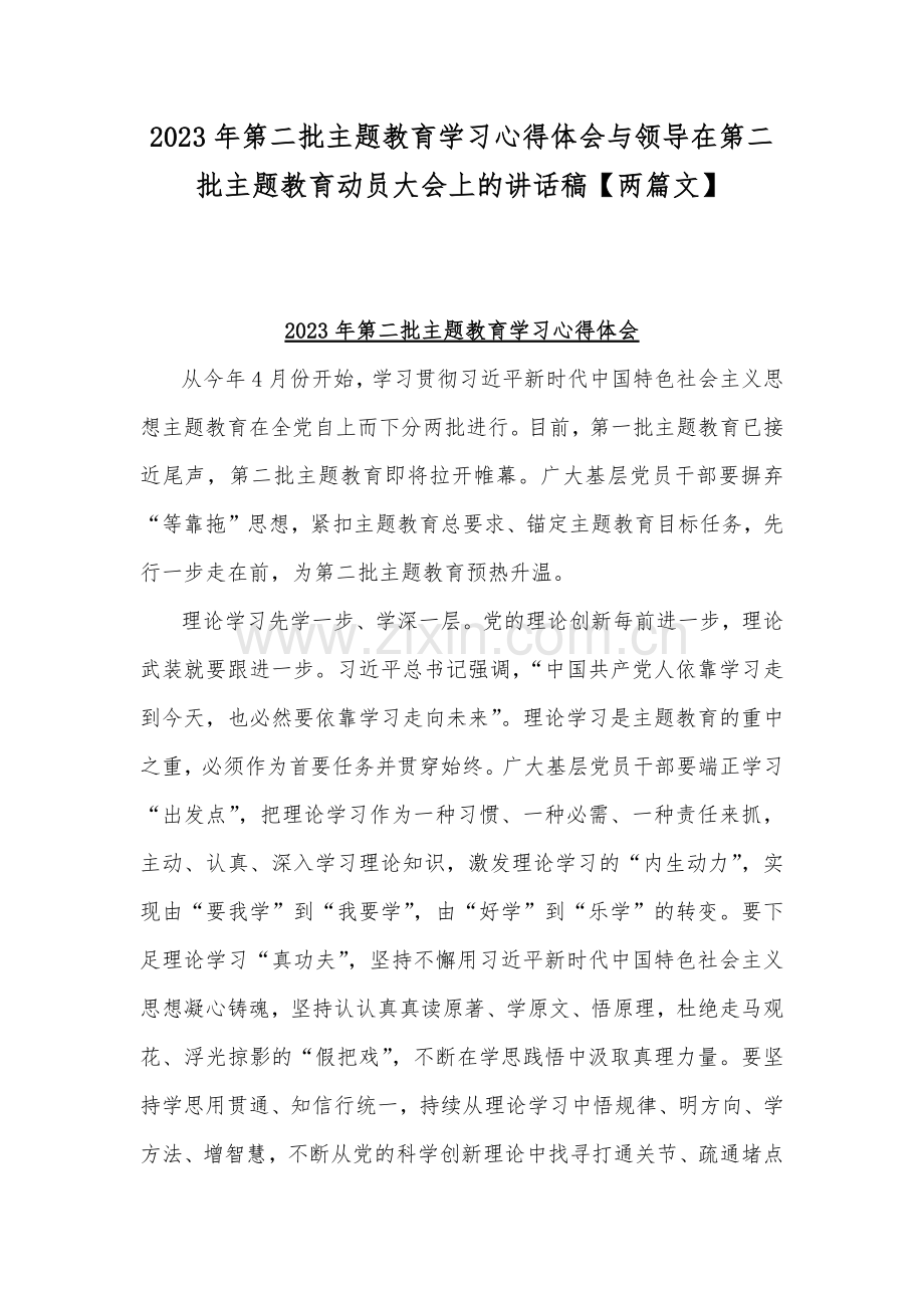 2023年第二批主题教育学习心得体会与领导在第二批主题教育动员大会上的讲话稿【两篇文】.docx_第1页