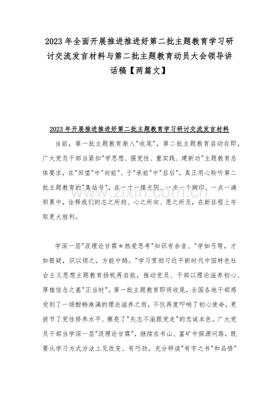 2023年全面开展推进推进好第二批主题教育学习研讨交流发言材料与第二批主题教育动员大会领导讲话稿【两篇文】.docx_第1页